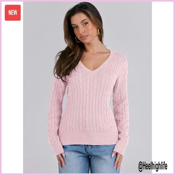 Slim Fit Cable Knit V-Neck Sweater Long Sleeve Pullover Business Casual - Picture 4 of 8